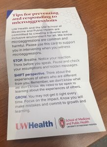 A sample card including key strategies to interrupt microaggressions, discrimination and bigotry.