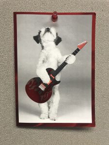 A birthday card featuring a dog playing a guitar