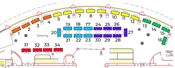 Tables 31–34 are immediately to the left of the entry; 19–30 in the center of the space; 1–16 are along the far wall.